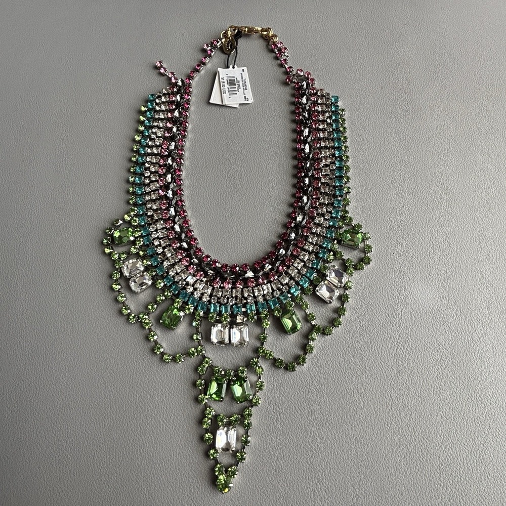 Vintage Juicy Couture‎ Pink Green Rhinestone Statement Bib Necklace 15" *Read